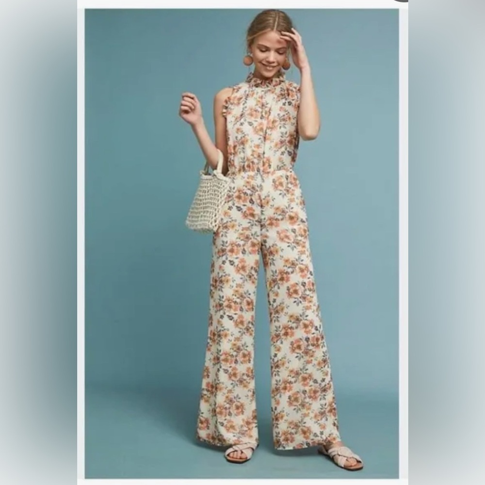 Anthropologie Cream Floral High-Neck Wide-Leg Jumpsuit